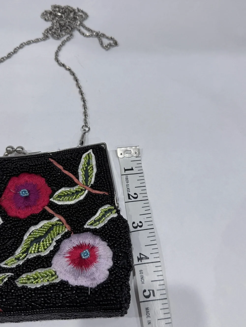Embroidered Floral Beaded Black Evening Clutch with Chain
